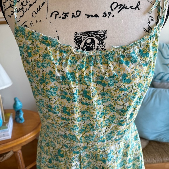 Ann Taylor Loft Sundress Womens 6 Aqua yellow Floral Spagetti Tie Straps Cotton - Picture 2 of 8